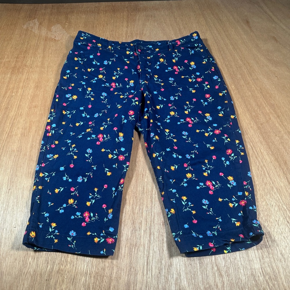 St. John's Bay Capri Pants Women 12 Petite Navy Blue Floral Print Casual Crop
